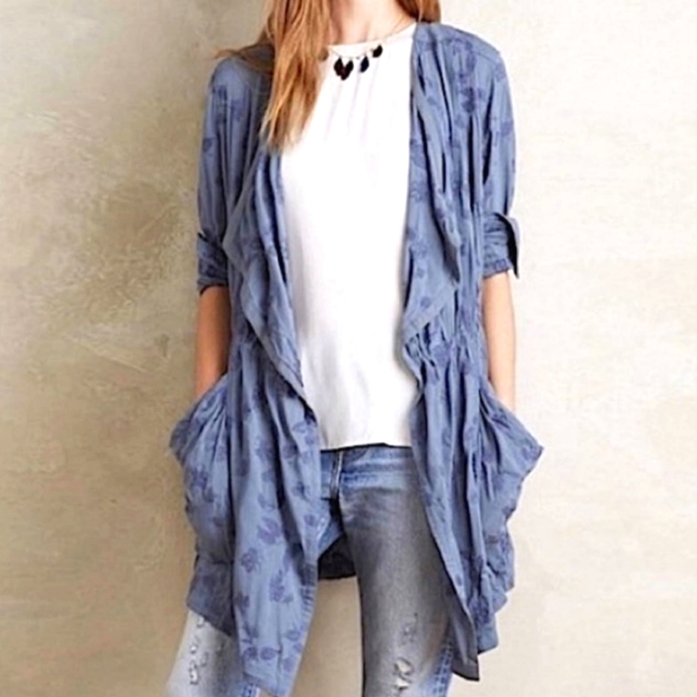 Hei Hei Embroidered Periwinkle Draped Lightweight Spring Jacket S Chambray